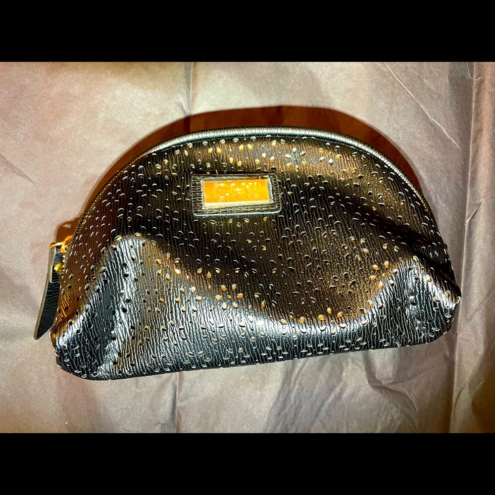 CHI Cosmetic Bag; Makeup Bag; Laser Cut Black Over Gold